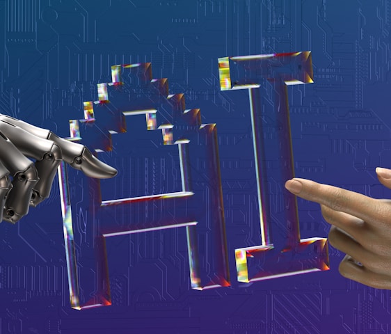 two hands touching each other in front of a blue background