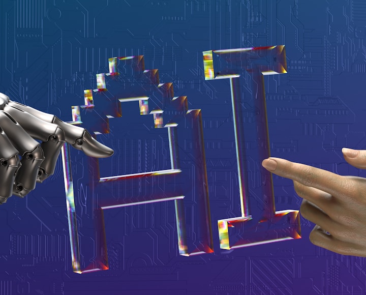 two hands touching each other in front of a blue background